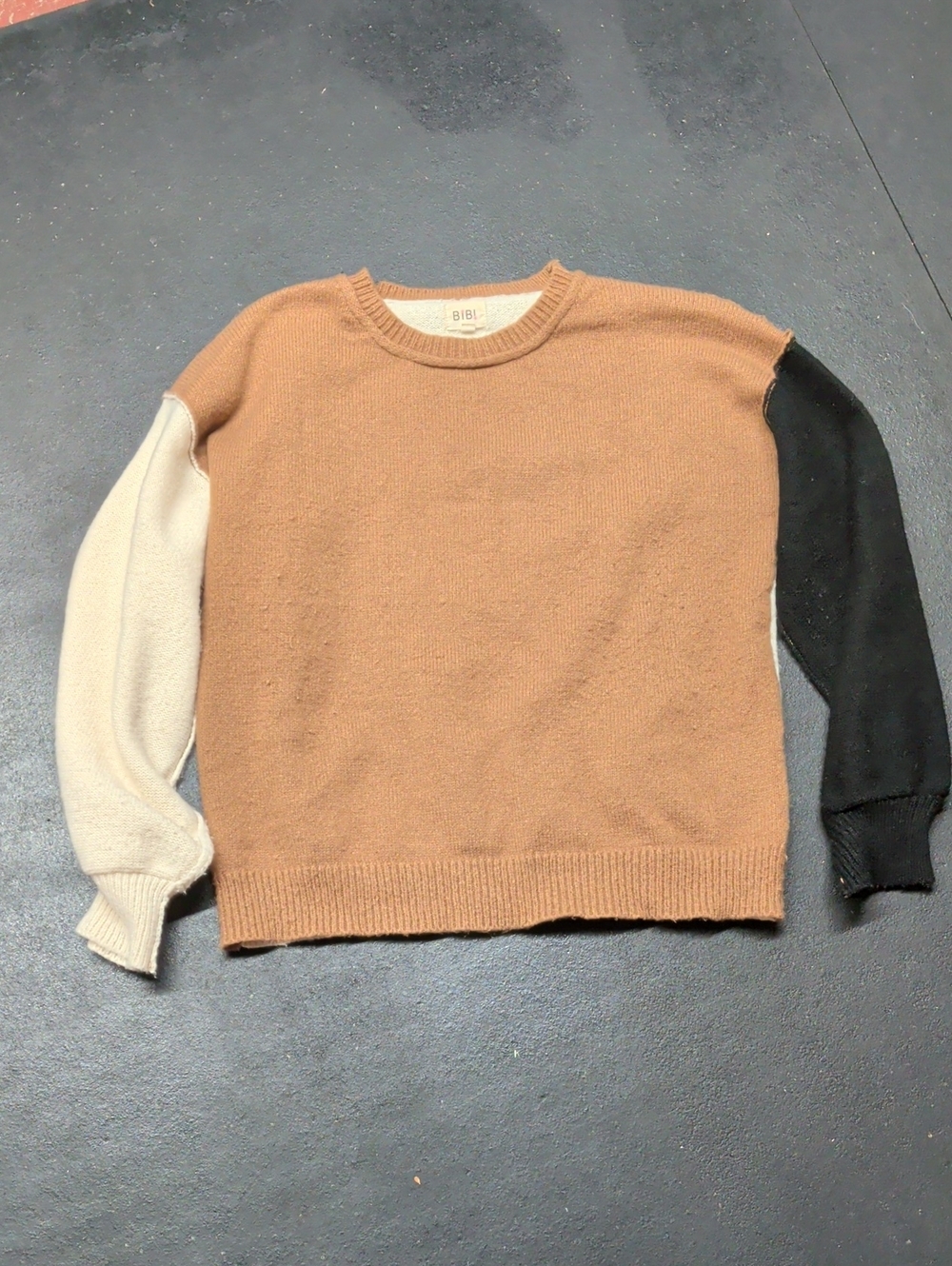 BiBi Brown Body Colorblock Crewneck Sweater with Black and Cream Sleeves